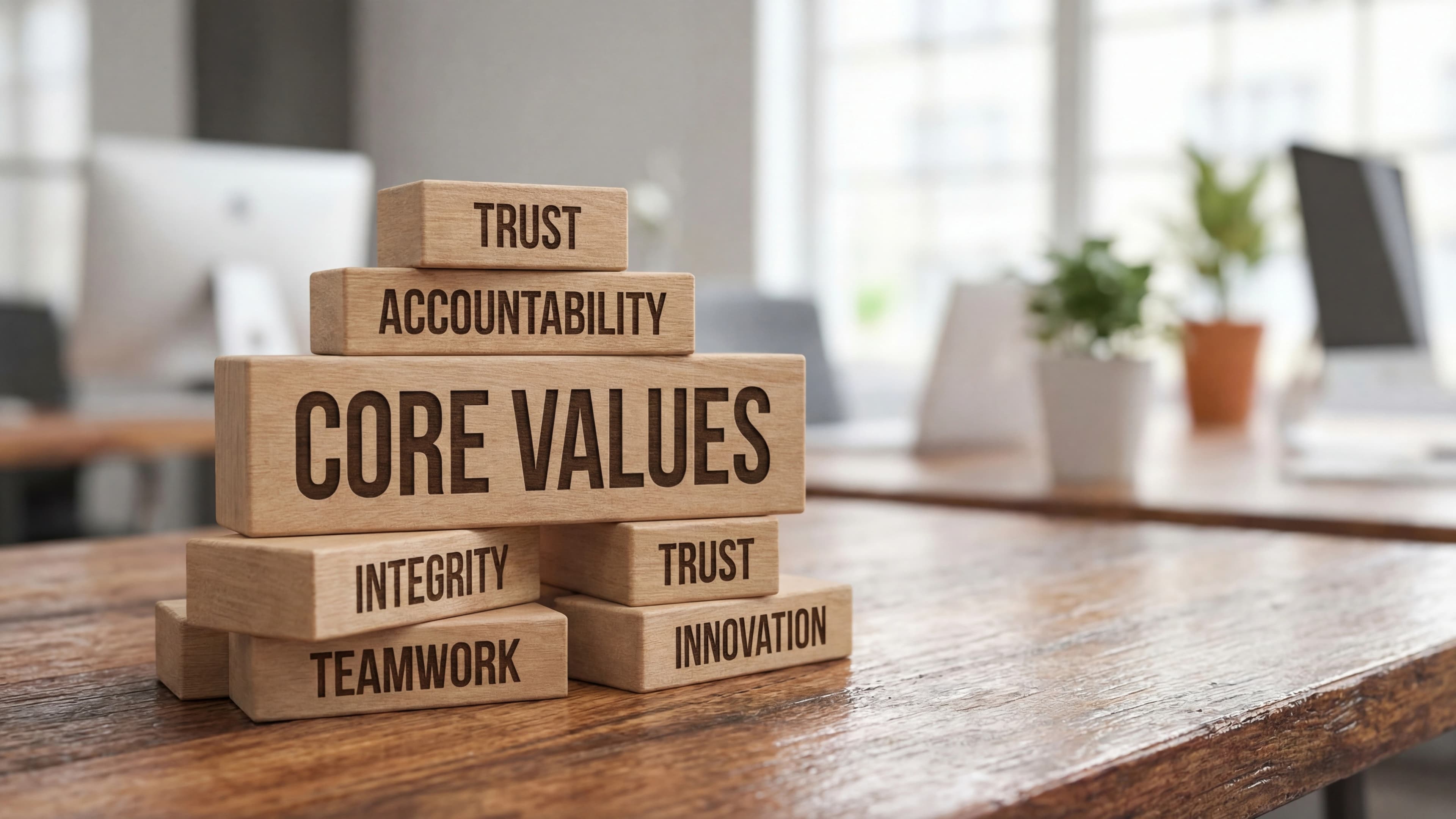 Wooden blocks displaying workplace values including trust, accountability, integrity, teamwork, and innovation.