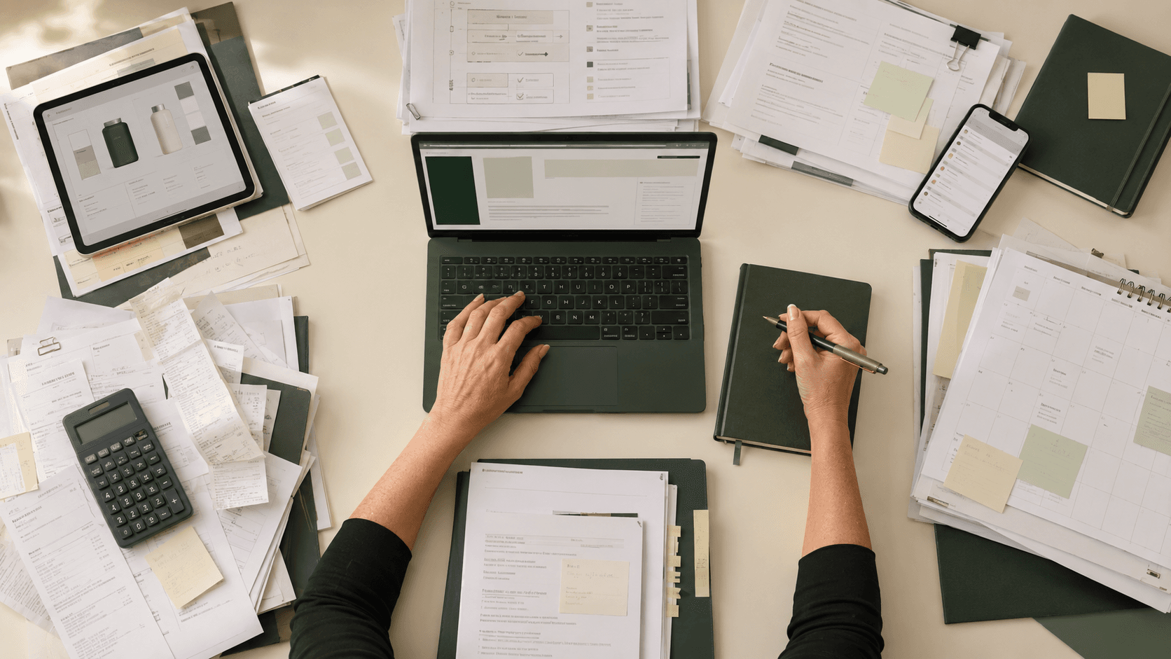 An overhead workspace with competing business tasks surrounding one laptop.