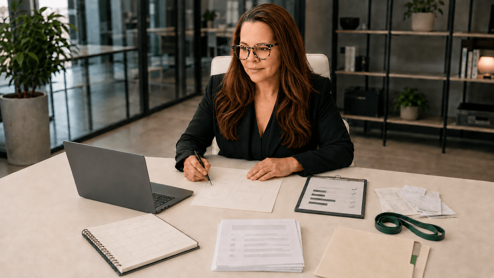 Monica working on product and business planning at her desk.