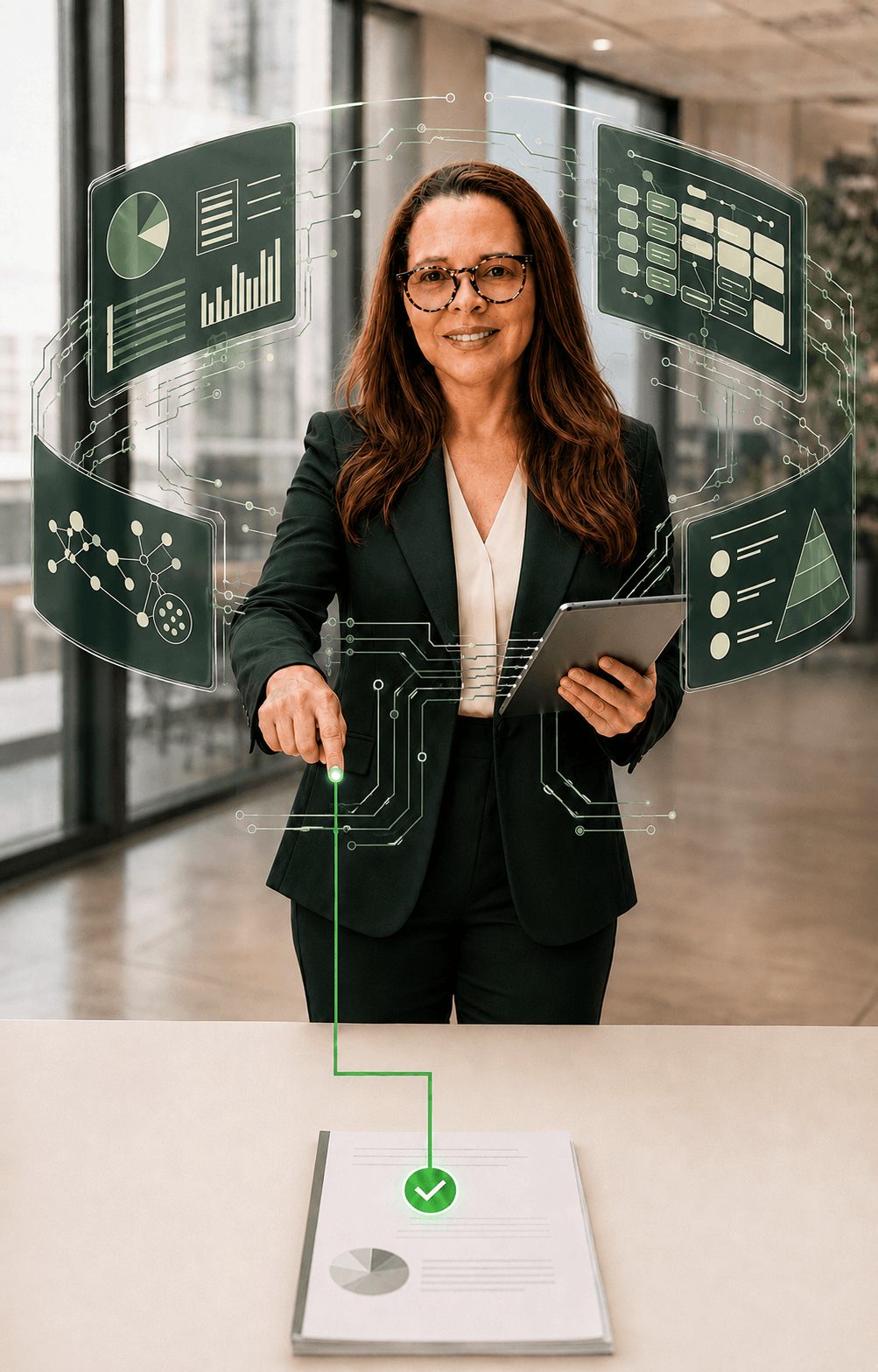 Conceptual illustration of Monica reviewing connected AI-agent outputs and approving an action.